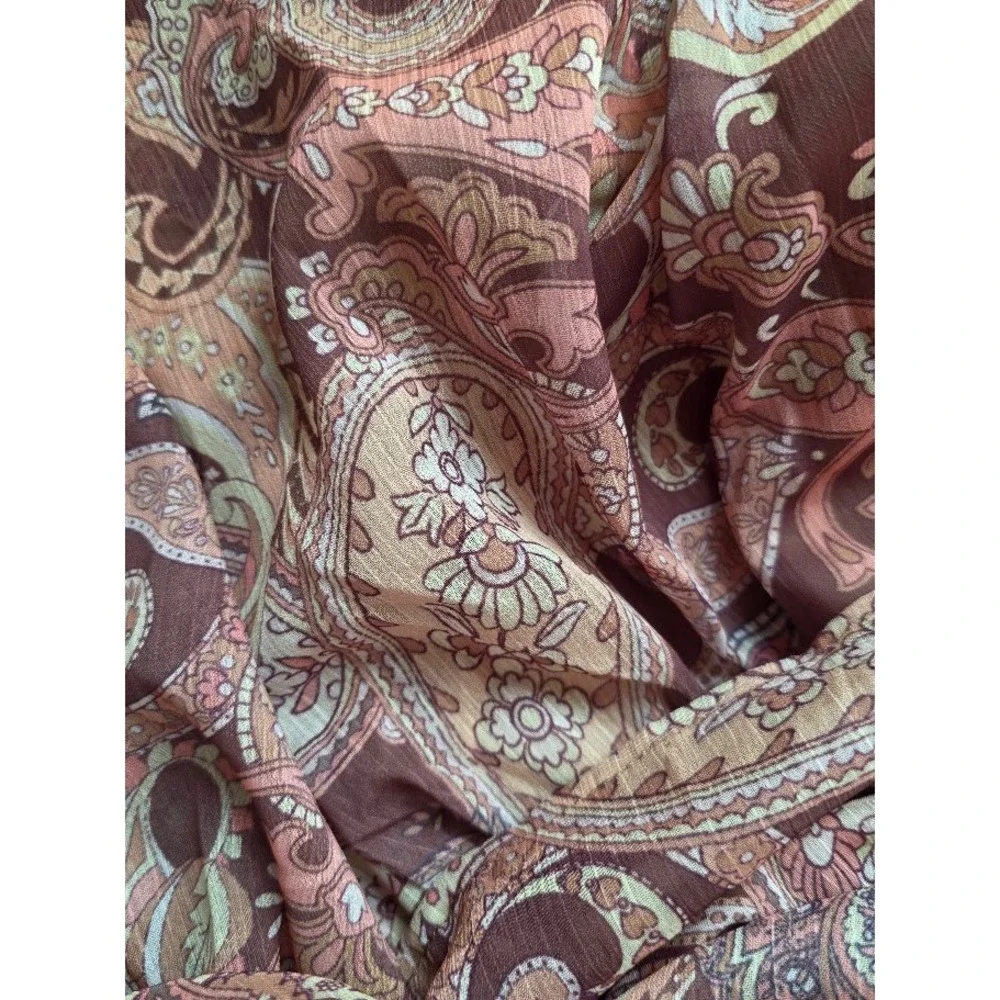 Paisley Tiered Midi Dress Womens XS Brown Boho Smocked‎ Ruffle Long Sleeve